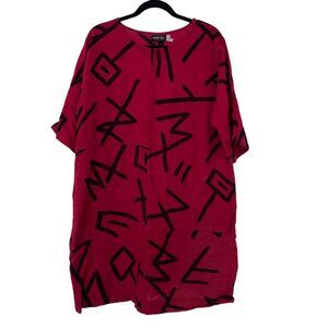 Water lily red short sleeve geometric printed short‎ sleeve linen tunic Size: M